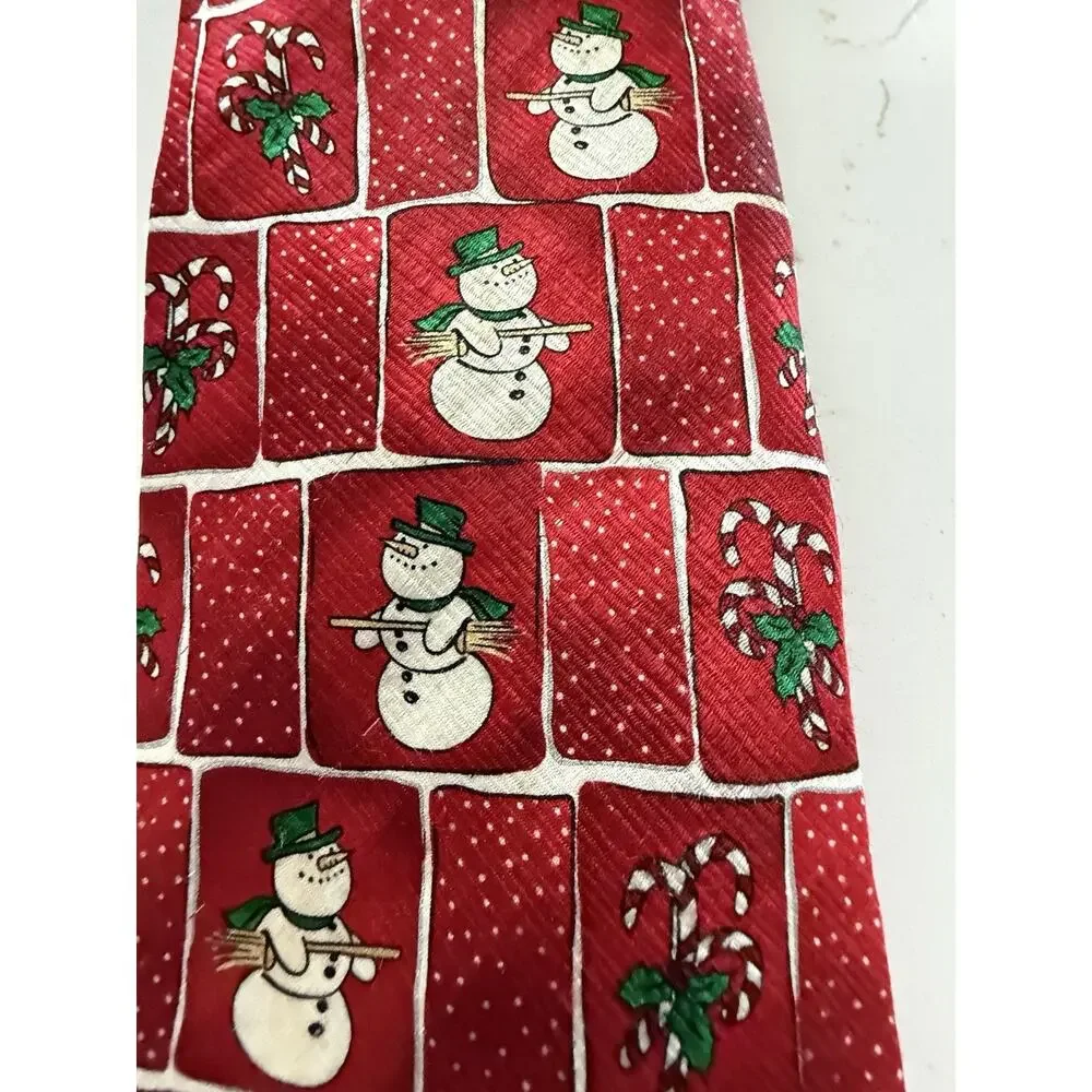 Nicole Miller New York 100% Silk Snowman Christmas Tie Holiday Whimsy Red